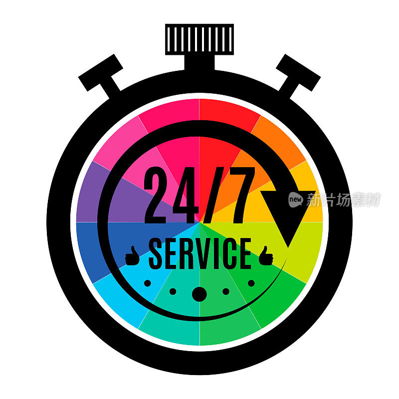 7 .服务标志、标志、符号。黑色箭头和计时器，倒计时，秒表图标与彩虹钟面上的白色背景。每周7天，每天24小时营业。矢量图